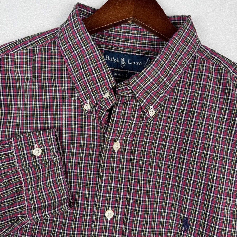 Ralph Lauren Mens XL Classic Fit Plaid Button Down Shirt Red Green Cotton Pony